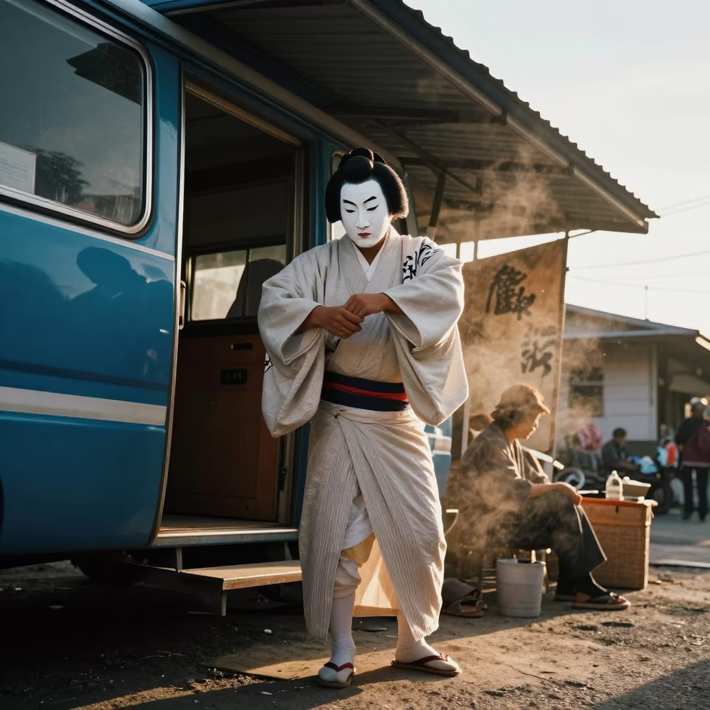 Kabuki Performer Adjusting Sleeves Before Sunset in at a street corner busking spot in Jalingo