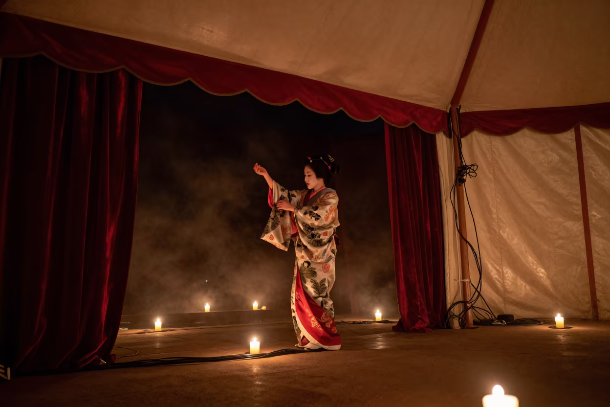 Kabuki Performer Adjusting Sleeves Under Circus Tent in under a circus tent in Belbis