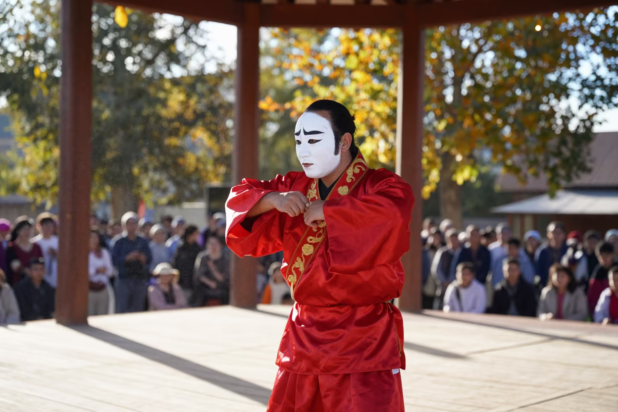 Kabuki Performer Adjusting Sleeves on Festival Stage in on a festival main stage in Pul-e Khomri
