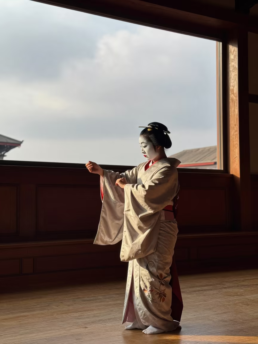 Kabuki Performer Adjusting Sleeves in Lalitpur Hall in in a concert hall in Lalitpur