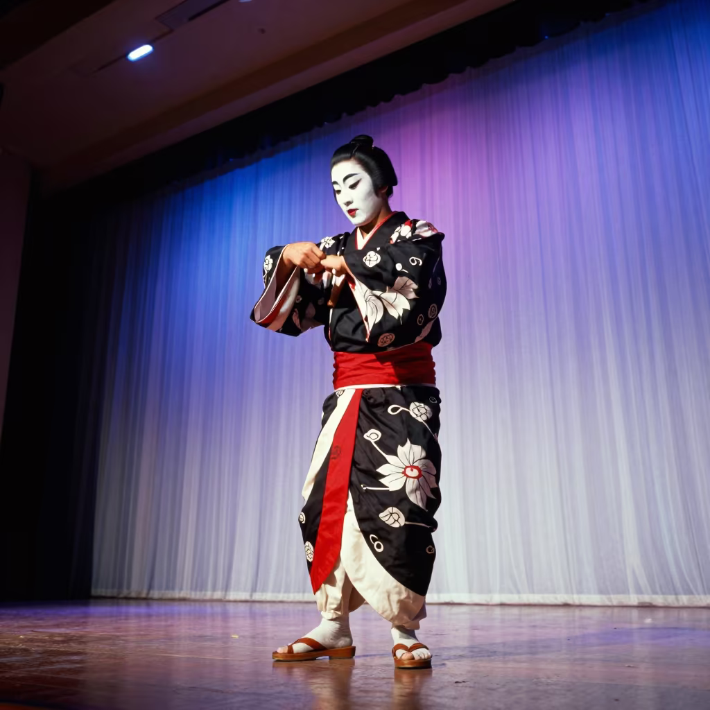 Kabuki Performer Adjusts Sleeves Midnight Neon in in a concert hall in Cordoba Argentina