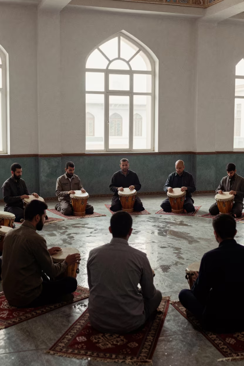 Kabul Drummers Window Shows Indoor Scene in in a prayer hall in Kabul