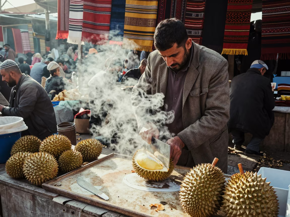 Kabul Durian Vendor Halving Fruit at Dawn in at a textile trader's stall in Kabul