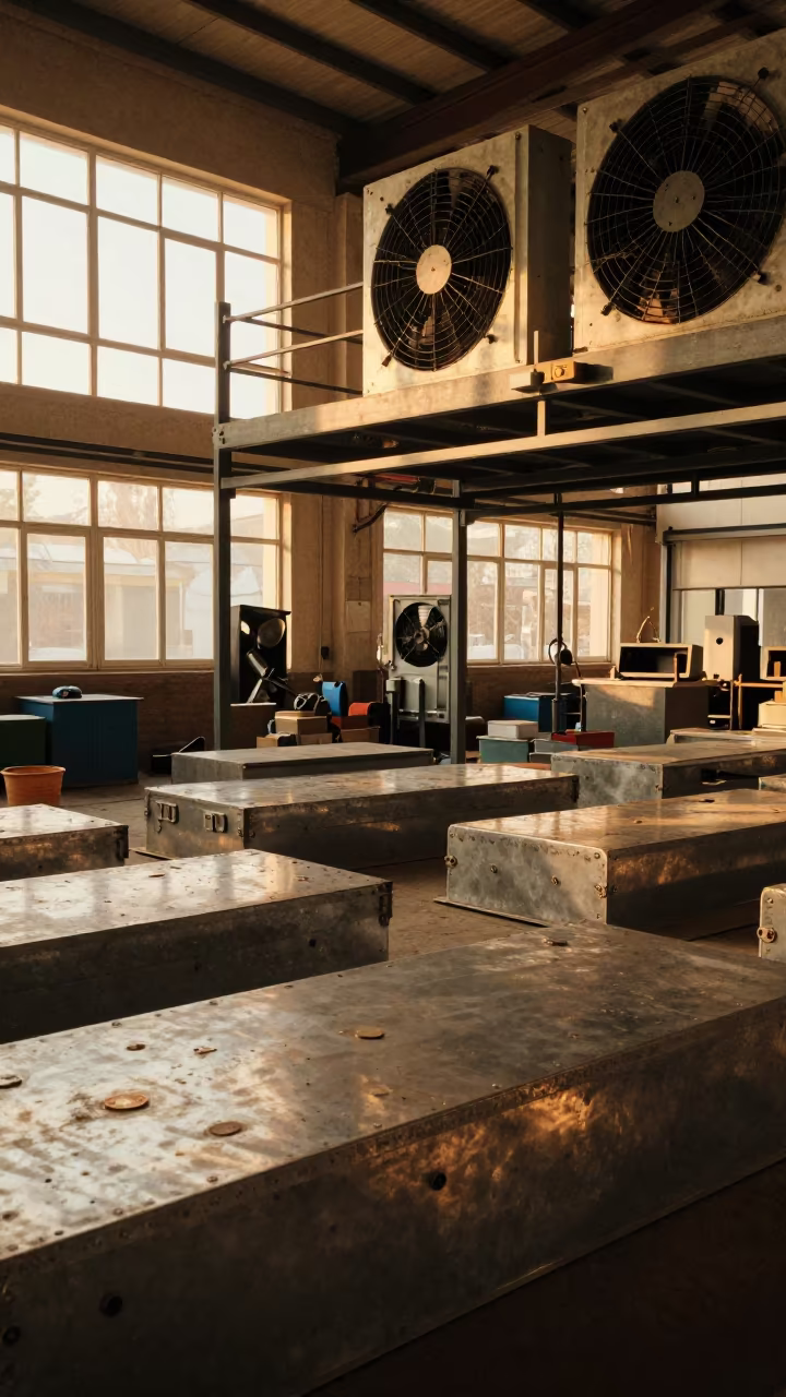 Kabul Factory Floor Golden Hour Metal Fans in on a scaffold platform near Kabul