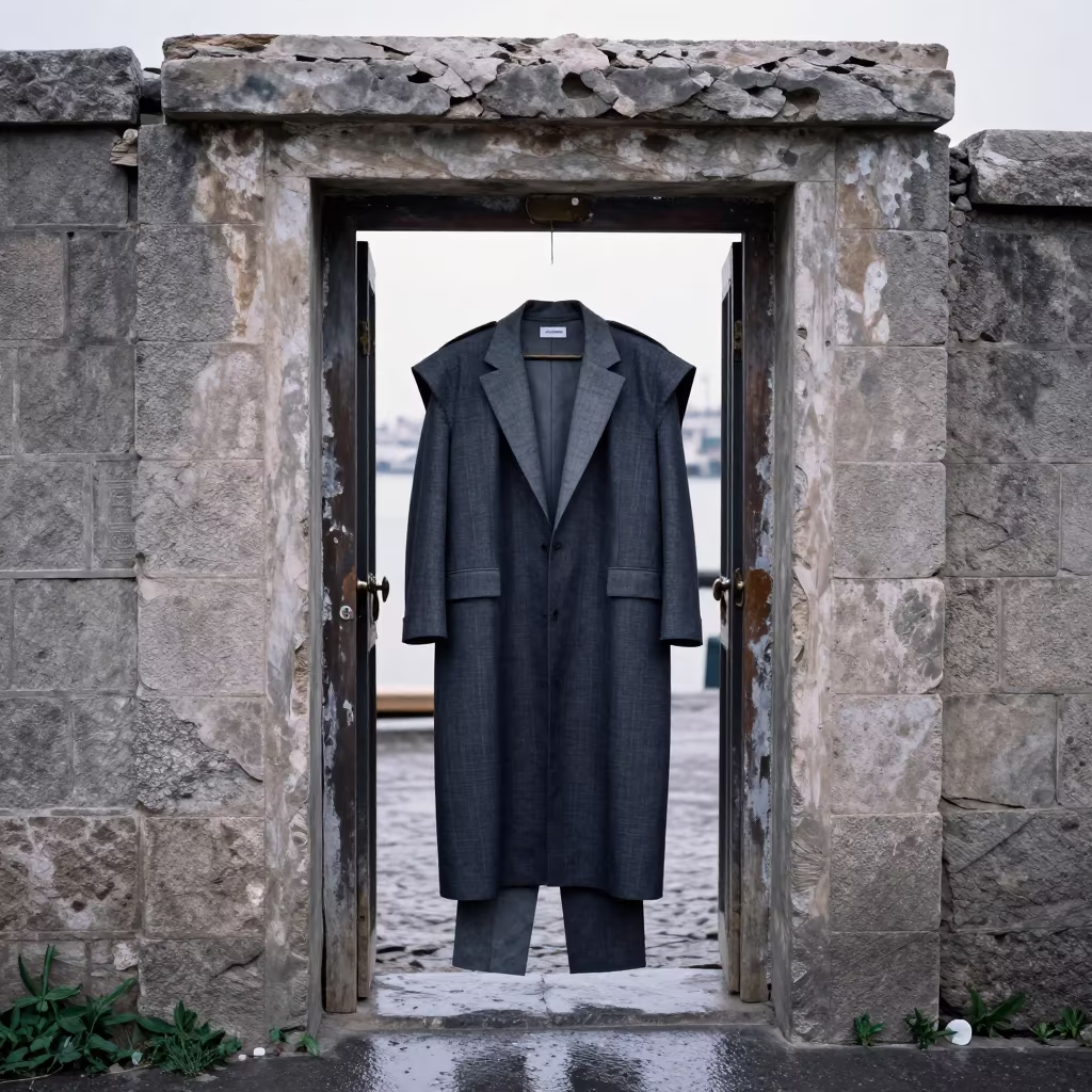 Kabul Harbor Wall Fashion Week Outerwear in against a wind-beaten harbor wall in Kabul