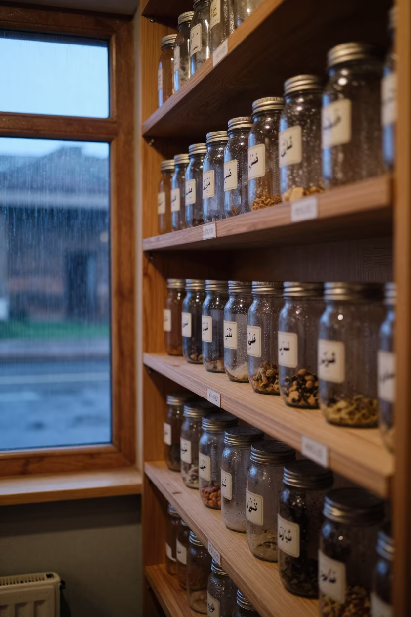 Kabul Pantry Shelves Labeled Jars Twilight Rain in in Kabul
