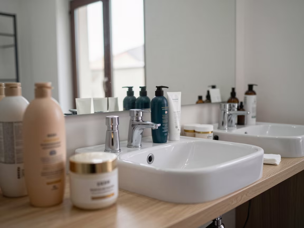 Kabul Salon Sink with Shampoos Midmorning Light in at a salon reception counter in Kabul