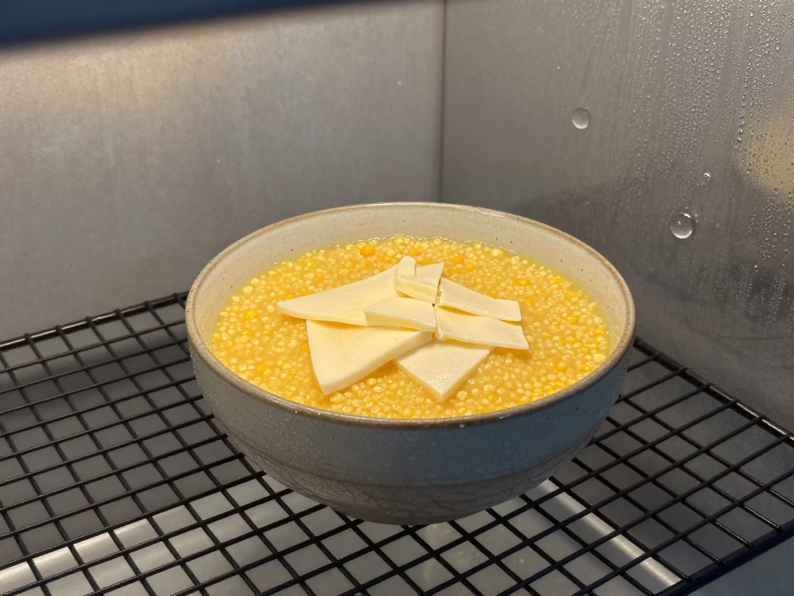 Kacamak Corn Porridge Bowl on Bakery Rack in on a bakery cooling rack in Mwanza