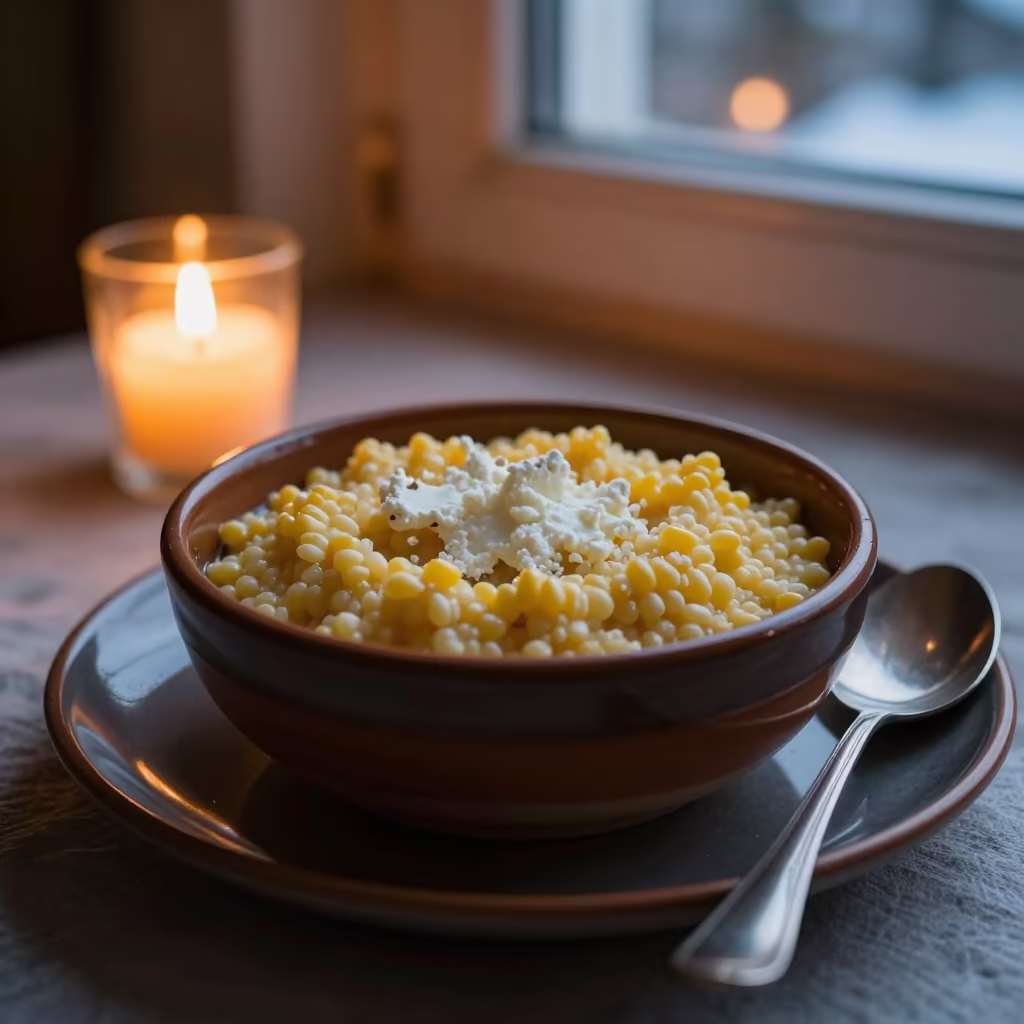 Kacamak Corn Porridge with Cheese in Evening Light in on a ceramic plate by a window in Kobe