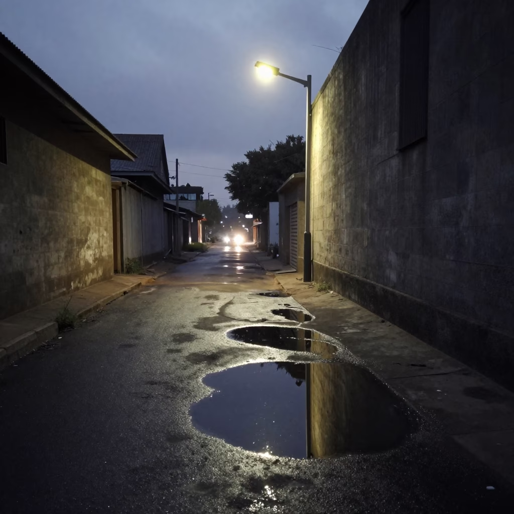 Kadoma Alley Puddle Sky Reflection in beneath a flickering underpass light in Kadoma