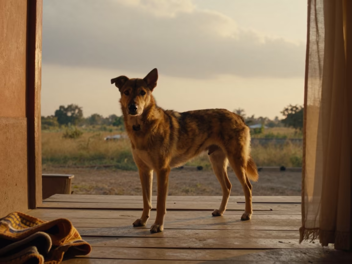 Kai Ken on Shaded Vidisha Porch Path in on a shaded front porch with boards, railings, and eye-level framing in Vidisha
