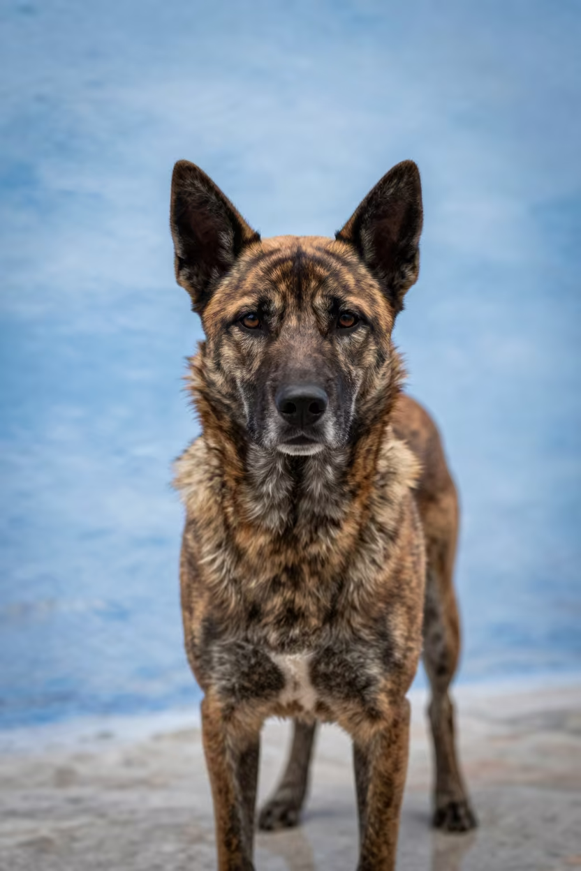 Kai Ken Portrait Beside Plaster Wall in Chefchaouen in beside a plain plaster wall in soft indoor light with the animal centered in frame in Chefchaouen
