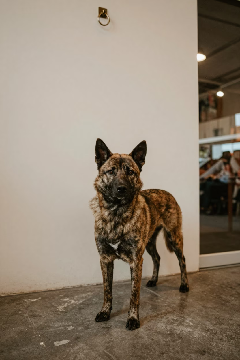 Kai Ken Portrait Beside Plaster Wall in Mbuji-Mayi in beside a plain plaster wall in soft indoor light with the animal centered in frame in Mbuji-Mayi