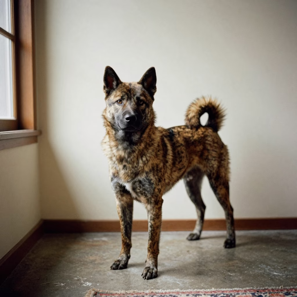 Kai Ken Portrait Beside Plaster Wall in Soft Light in beside a plain plaster wall in soft indoor light with the animal centered in frame near Chandigarh