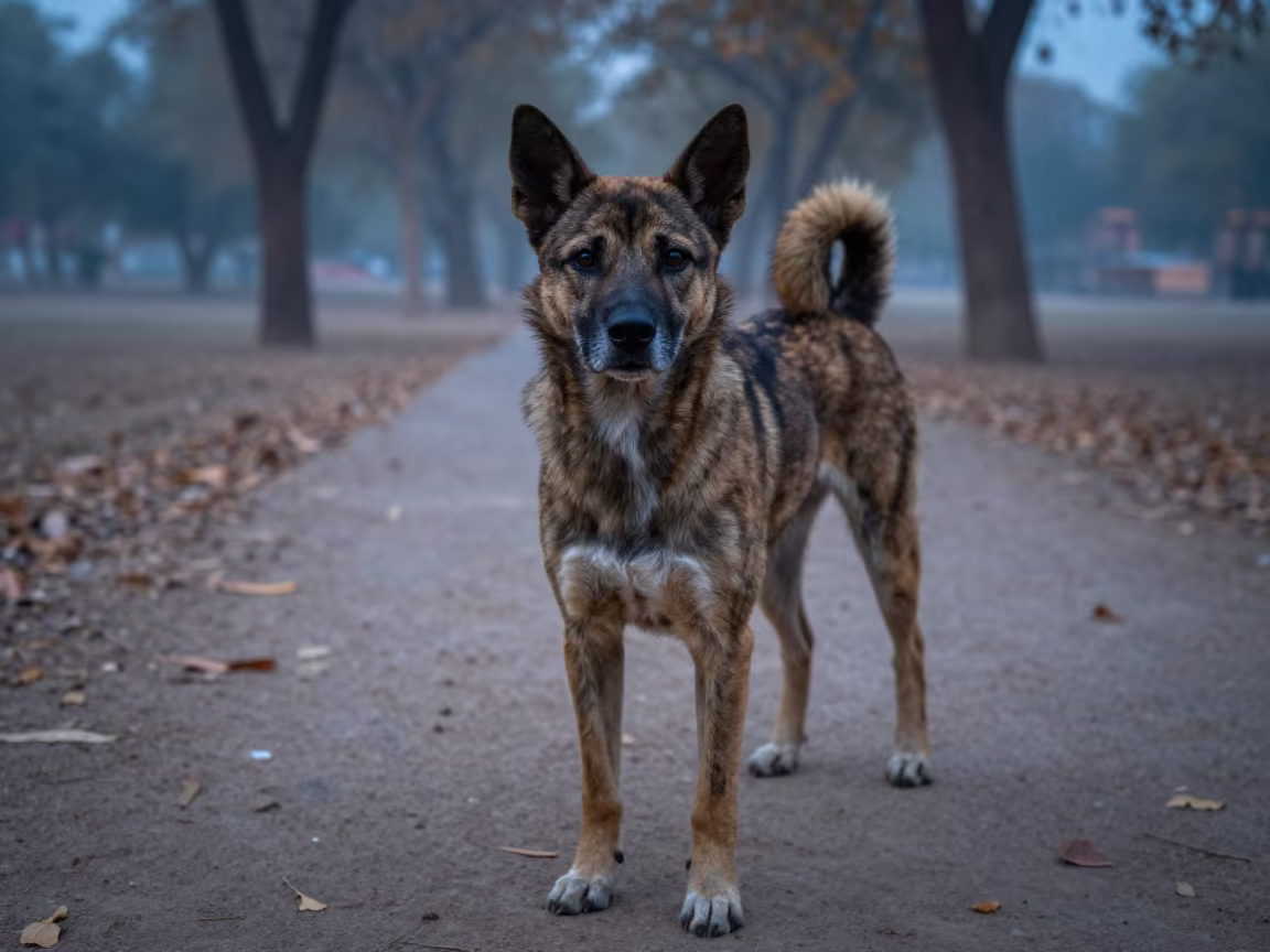 Kai Ken Portrait in Bikaner Autumn Twilight in along a quiet park path with soft open shade and a clean background in Bikaner