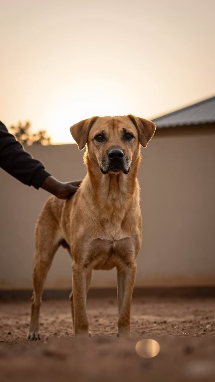 Kai Ken Portrait in Ferkessédougou Courtyard in beside a plain courtyard wall in clear daylight with the animal at eye level in Ferkessédougou