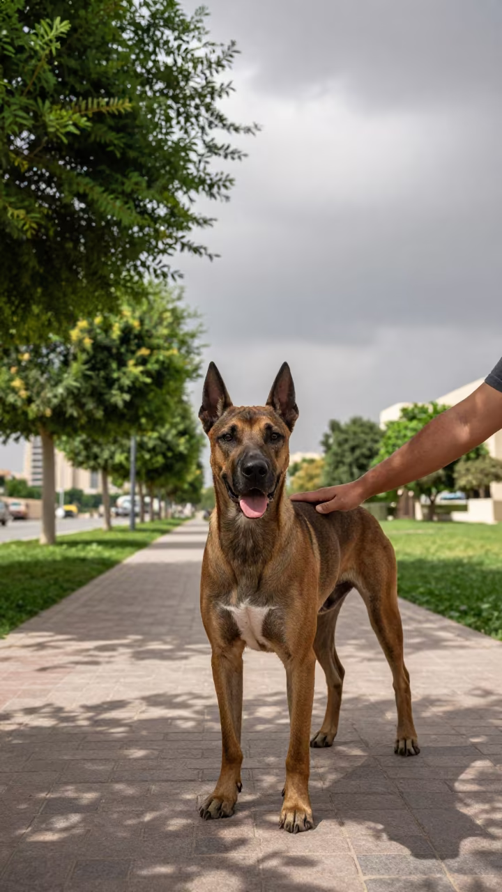 Kai Ken Portrait in Riyadh Park Shade in along a quiet park path with soft open shade and a clean background near Riyadh