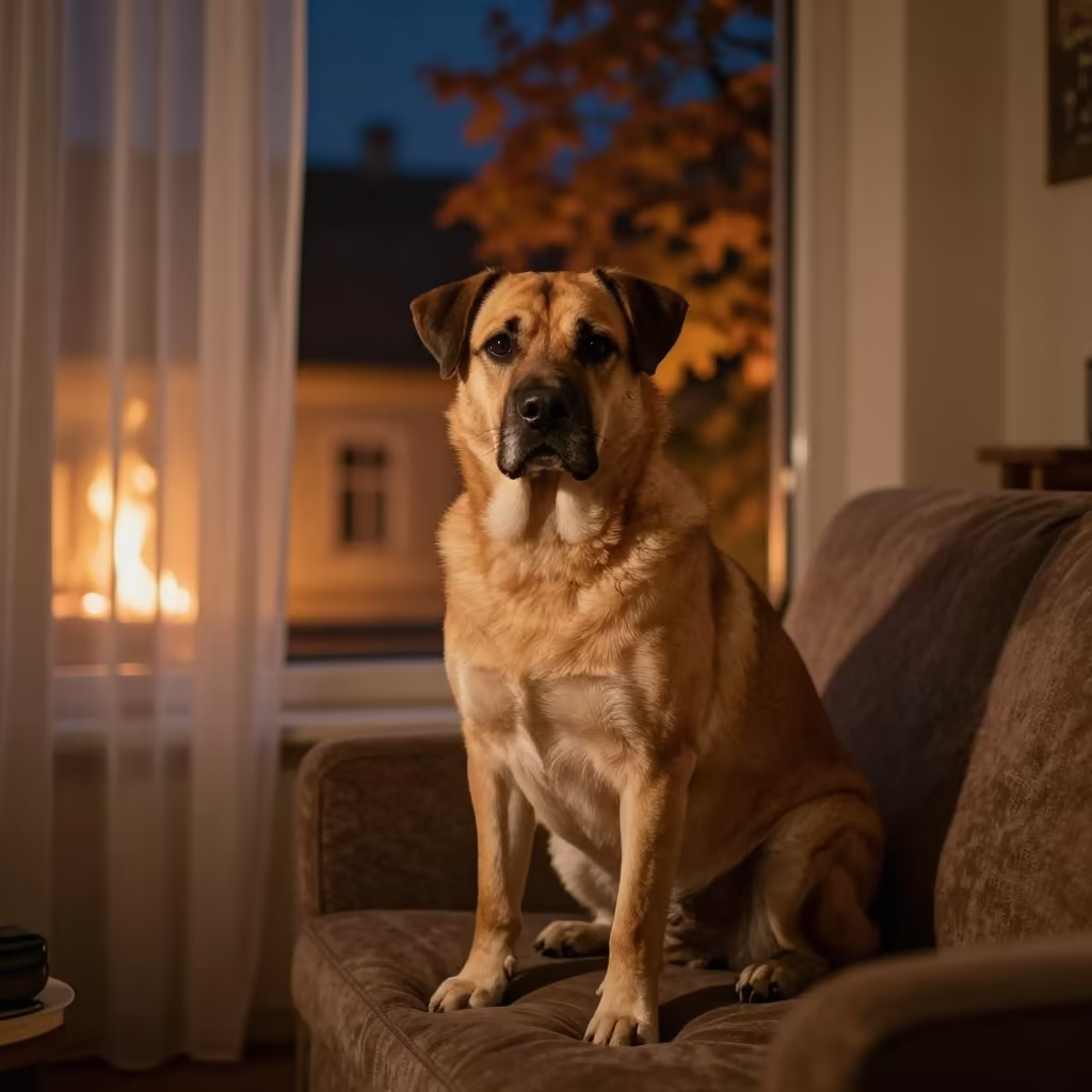 Kai Ken Portrait Near Window at Midnight in on a sofa near a curtained window with calm indoor light in Sibiu