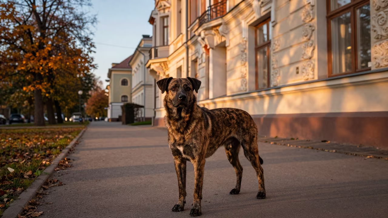 Kai Ken Portrait on Quiet Riga Park Path in along a quiet park path with soft open shade and a clean background in Art Nouveau District, Riga