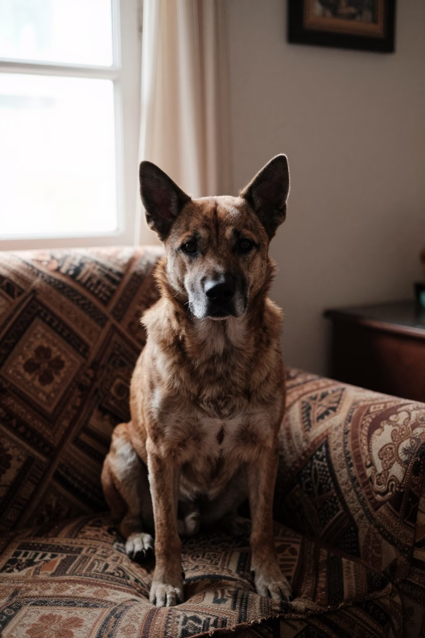 Kai Ken Portrait on Sofa Near Curtained Window in on a sofa near a curtained window with calm indoor light in Prayagraj