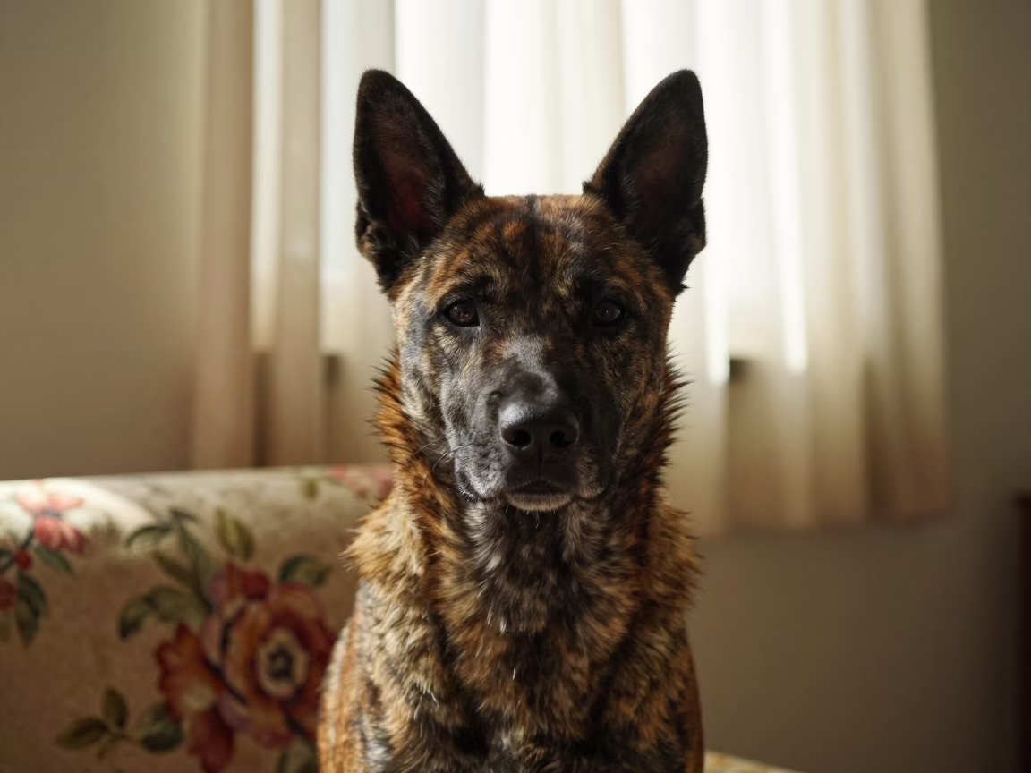 Kai Ken Portrait on Sofa Near Window Light in on a sofa near a curtained window with calm indoor light near Bhubaneswar