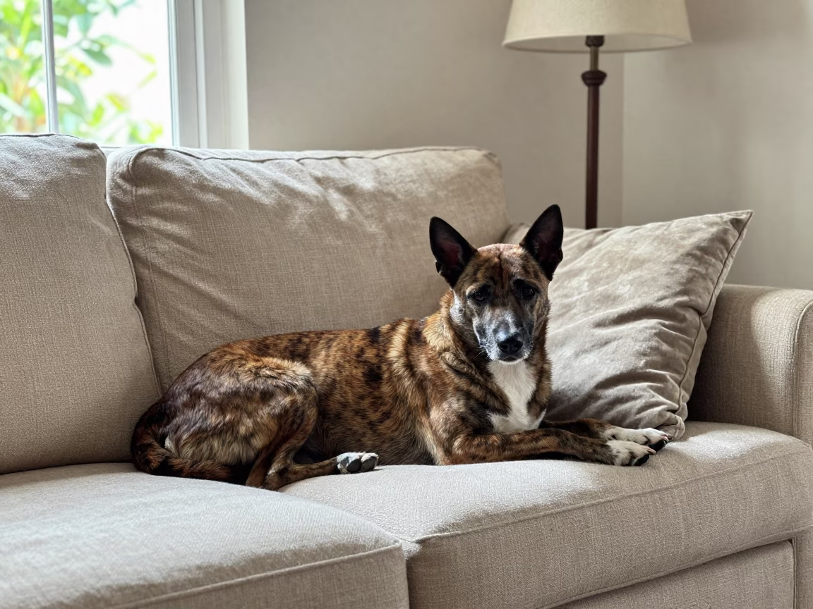 Kai Ken Resting on Linen Sofa in Mumbai Light in on a linen sofa with daylight from a nearby window in Mumbai