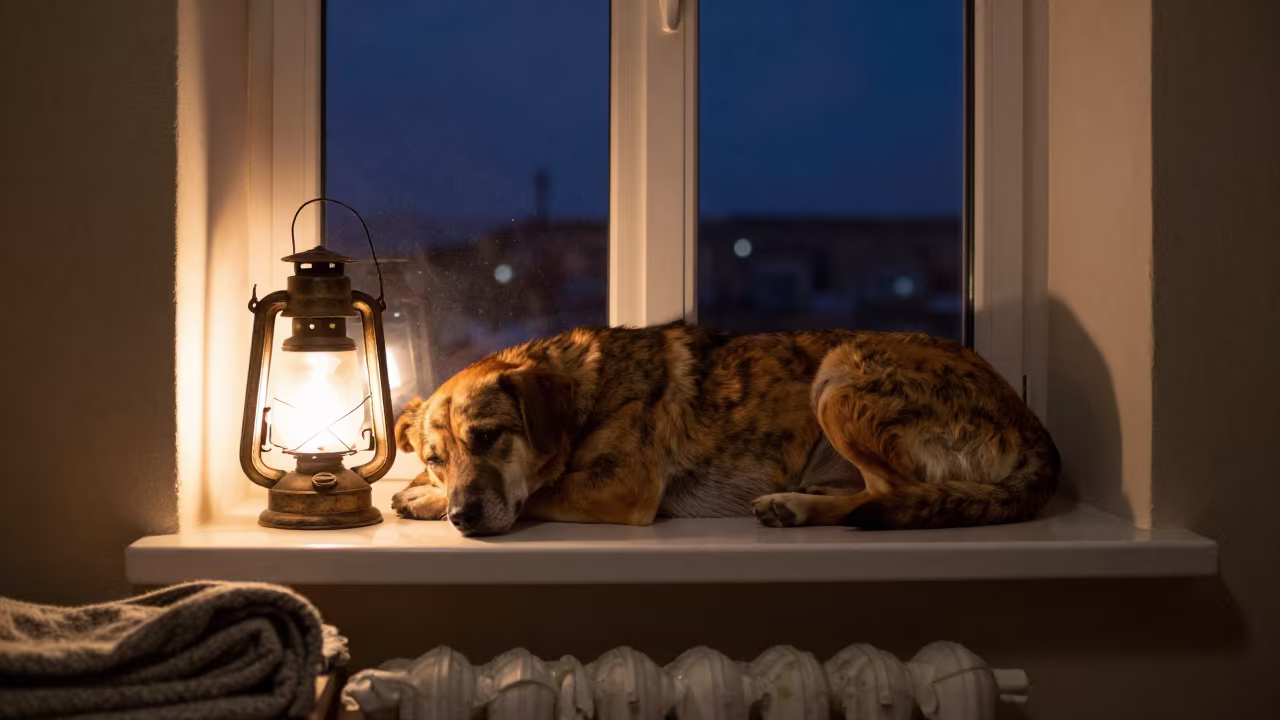 Kai Ken Resting on Window Seat at Night in on a window seat in a quiet apartment with soft side light in Diyarbakir