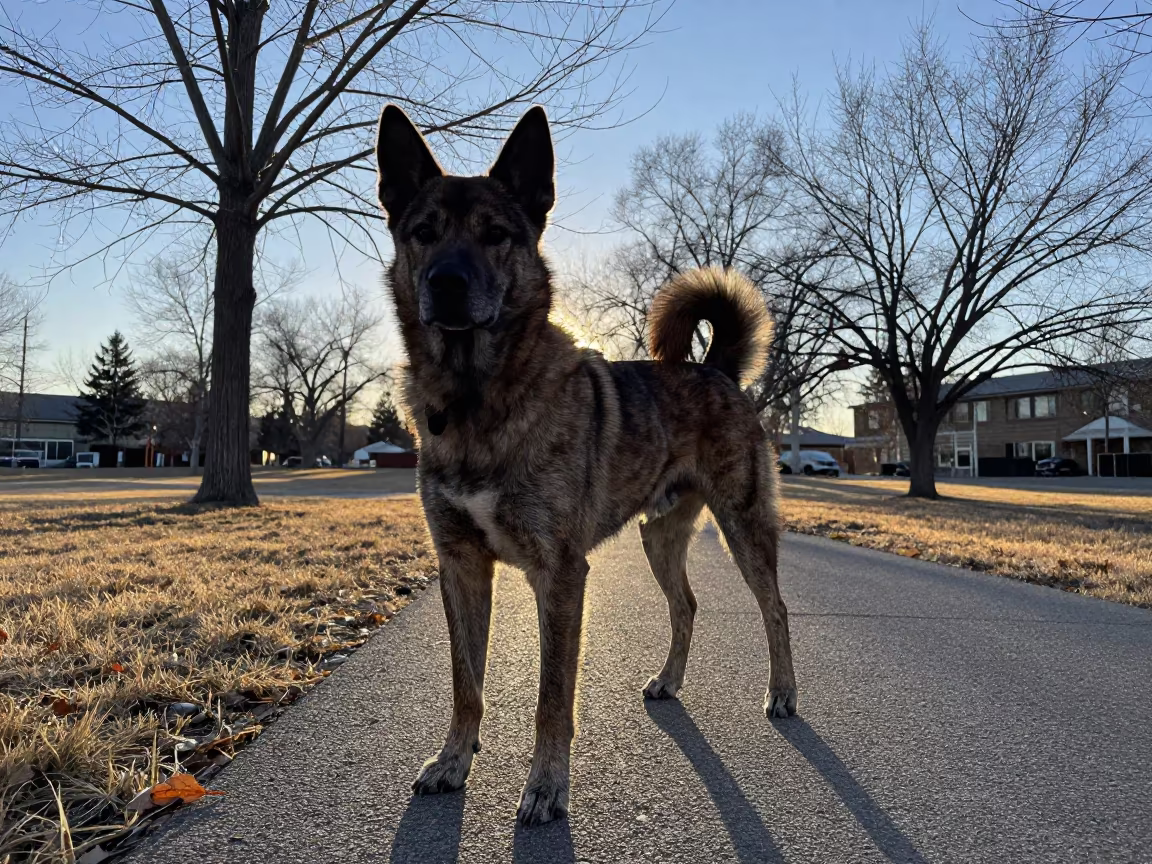 Kai Ken Silhouette on Calgary Park Path in along a quiet park path with soft open shade and a clean background near Calgary