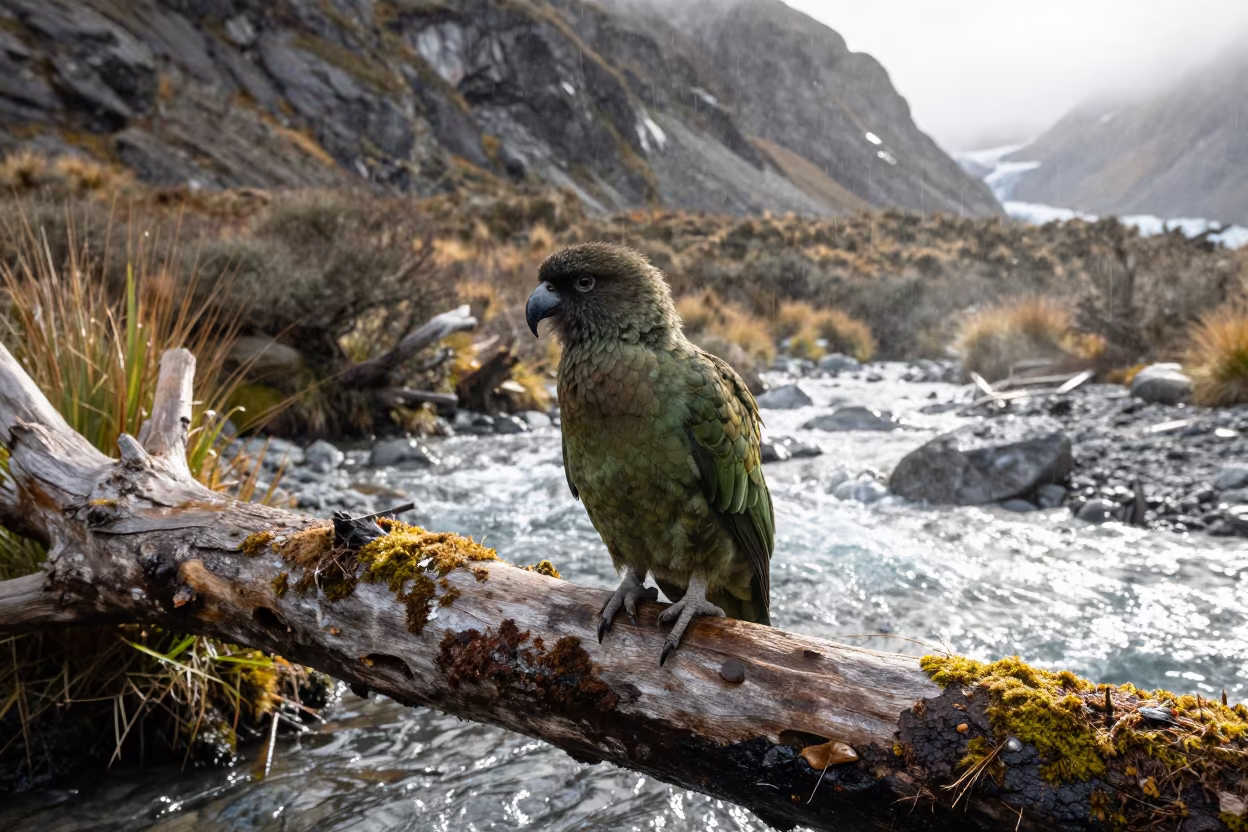 Kakapo on Mossy Log Near Glacial Stream in above a glacial stream near Oaxaca