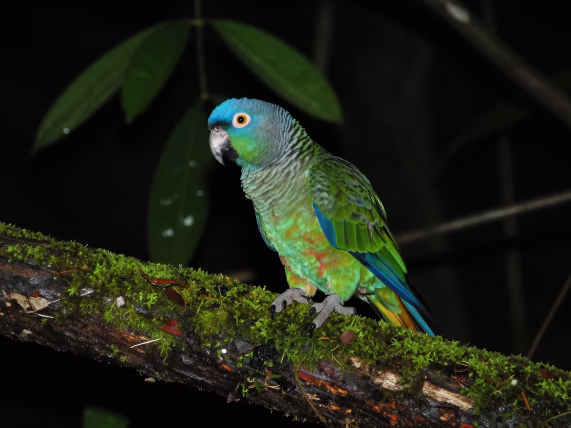 Kakapo Parrot on Mossy Log at Night in Goa in in Goa