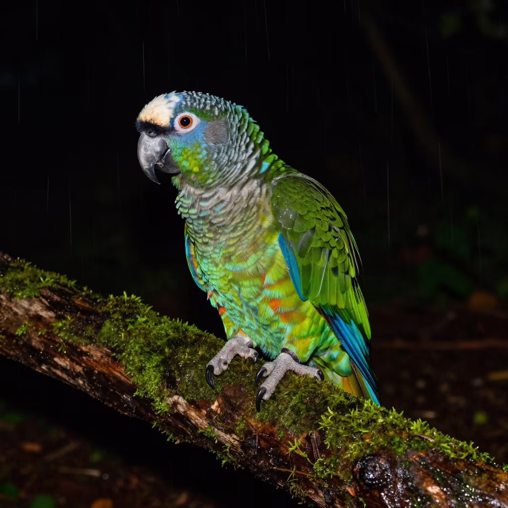 Kakapo Parrot on Mossy Log Night Rain in in Tamil Nadu