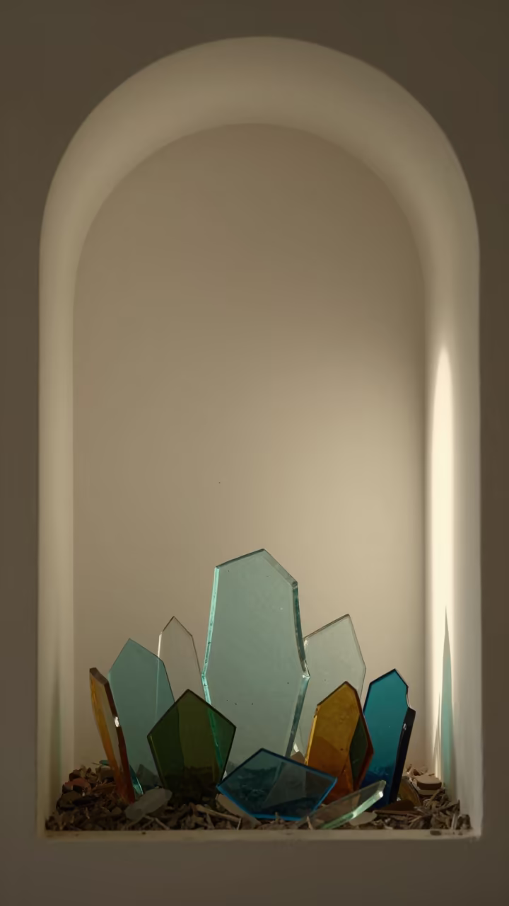 Kaleidoscope light through glass shards atrium in inside a vaulted atrium in Kunming