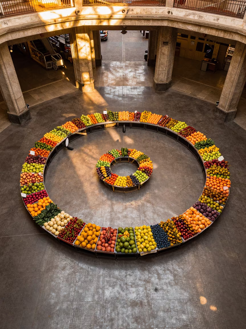 Kaleidoscope of Market Fruit in Polished Steel in inside a vaulted atrium in Santiago de los Caballeros