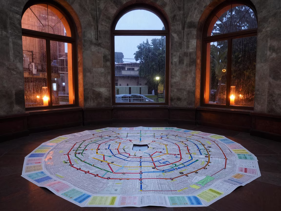 Kaleidoscope of Metro Maps and Ticket Stubs in Xochimilco Atrium in inside a vaulted atrium near Xochimilco, Mexico City
