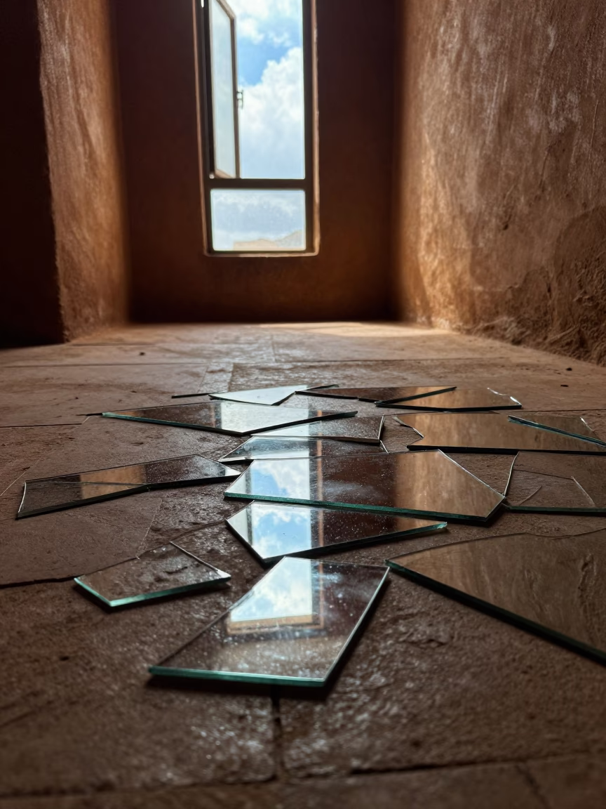 Kaleidoscope Mirror Reflections in Korhogo Passageway in inside a skylit passageway in Korhogo