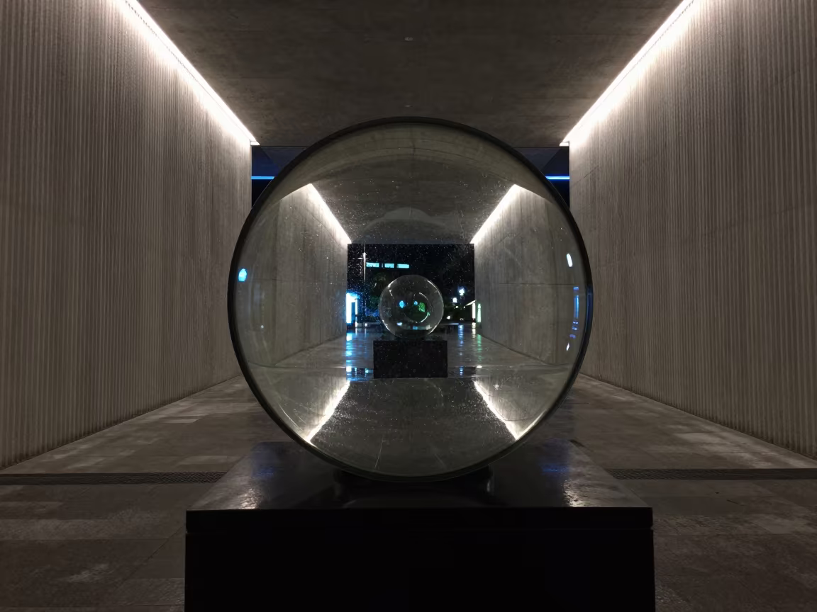 Kaleidoscope Held to Neon Light in Da Nang Lobby in inside a ribbed concrete lobby in Da Nang