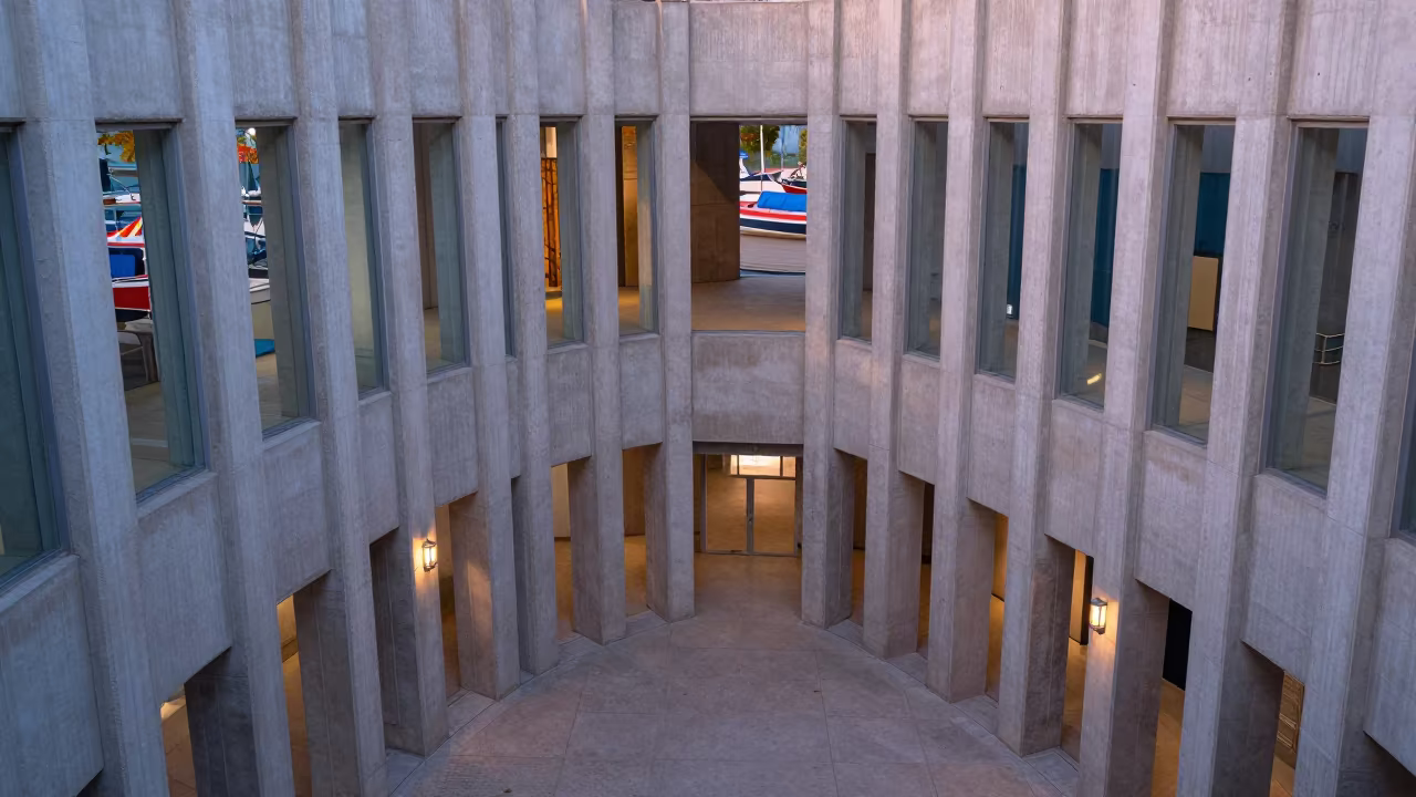 Kaleidoscope Reflections in Ribbed Concrete Lobby in inside a ribbed concrete lobby near Ouargla