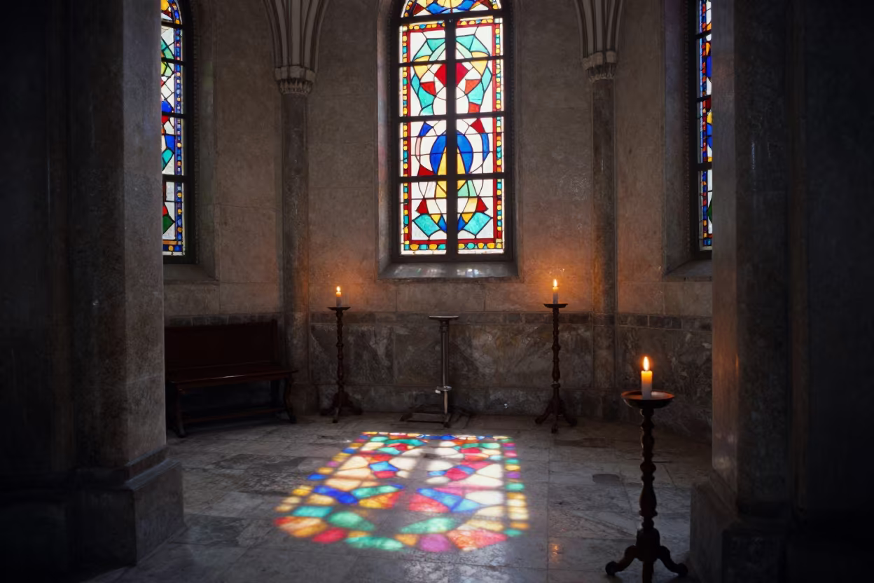 Kaleidoscope Stained Glass Cathedral Kabul in inside a candlelit nave in Kabul