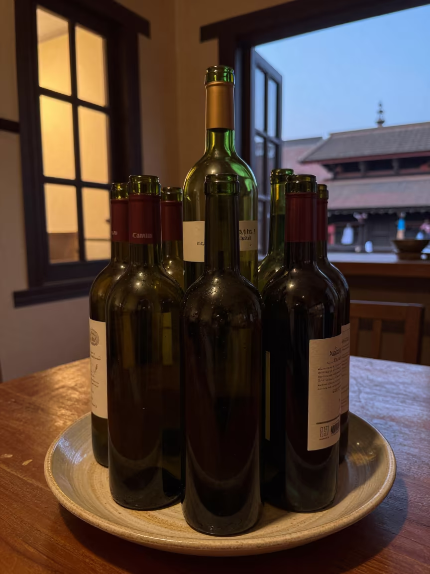 Kaleidoscope Wine Bottles on Ceramic Plate in on a ceramic plate by a window in Patan