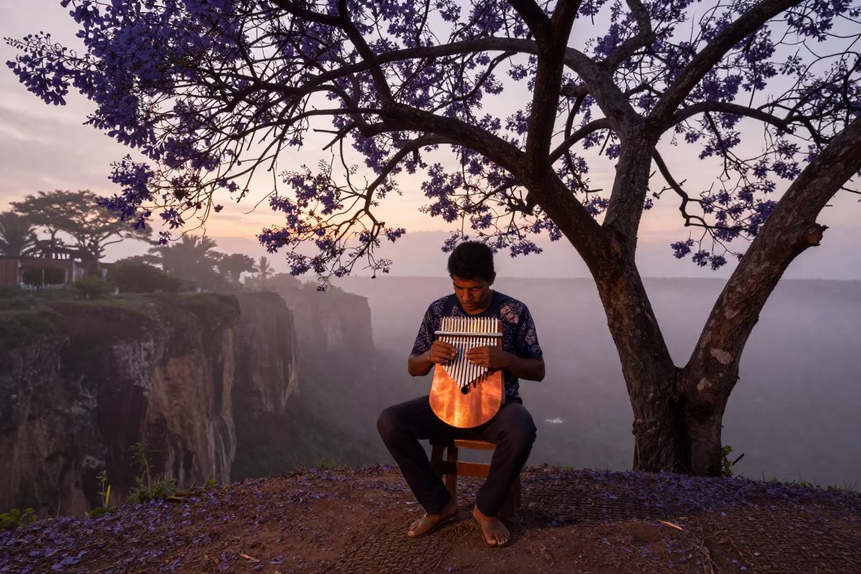 Kalimba Musician Under Jacaranda on Honduras Cliff in along a salt-sprayed cliff edge in Honduras