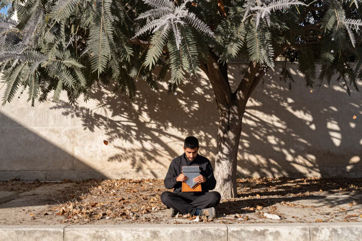 Kalimba Player Under Jacaranda in Frozen Rain in near Irbid