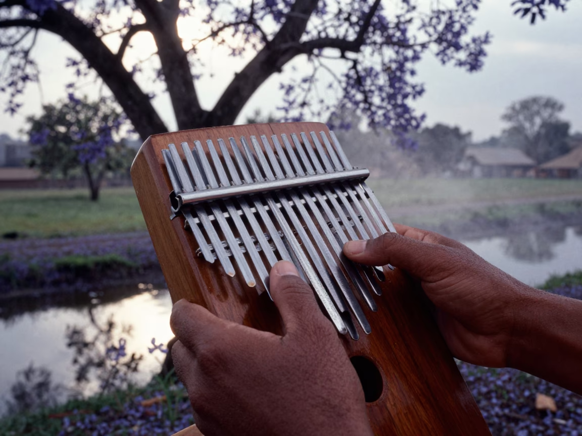 Kalimba Player Under Jacaranda in Late Afternoon in near Hawaasa