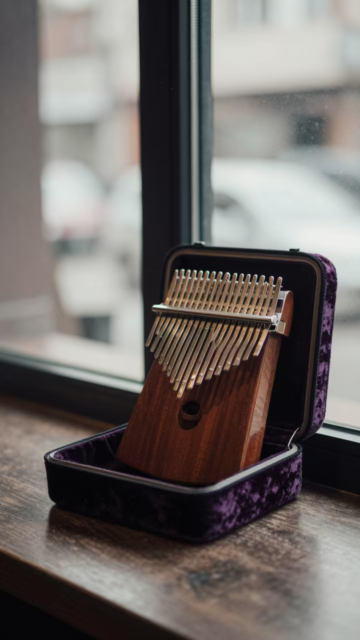 Kalimba in Velvet Case on Cafe Table in on a cafe table by a window in Minna