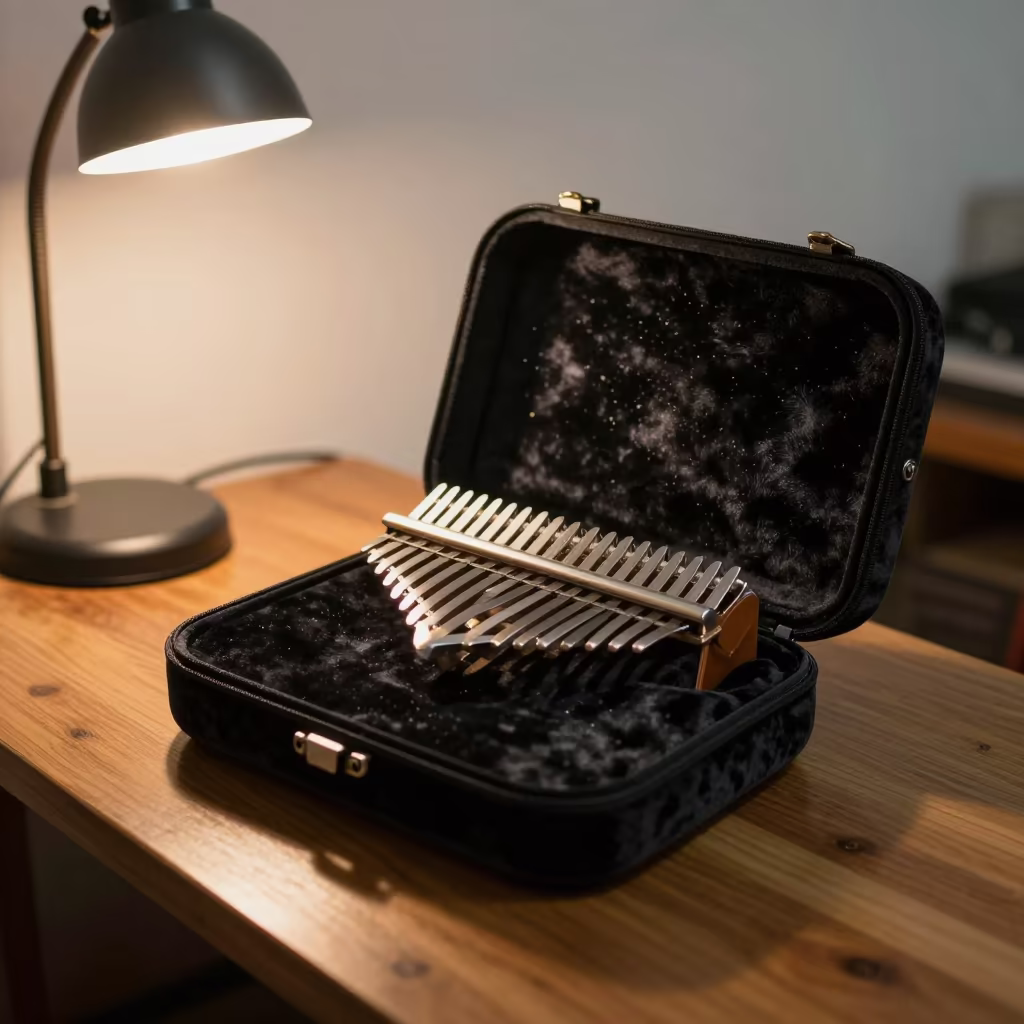 Kalimba on Velvet Case with Rosin Dust in Nizamabad in on a wooden workbench in Nizamabad