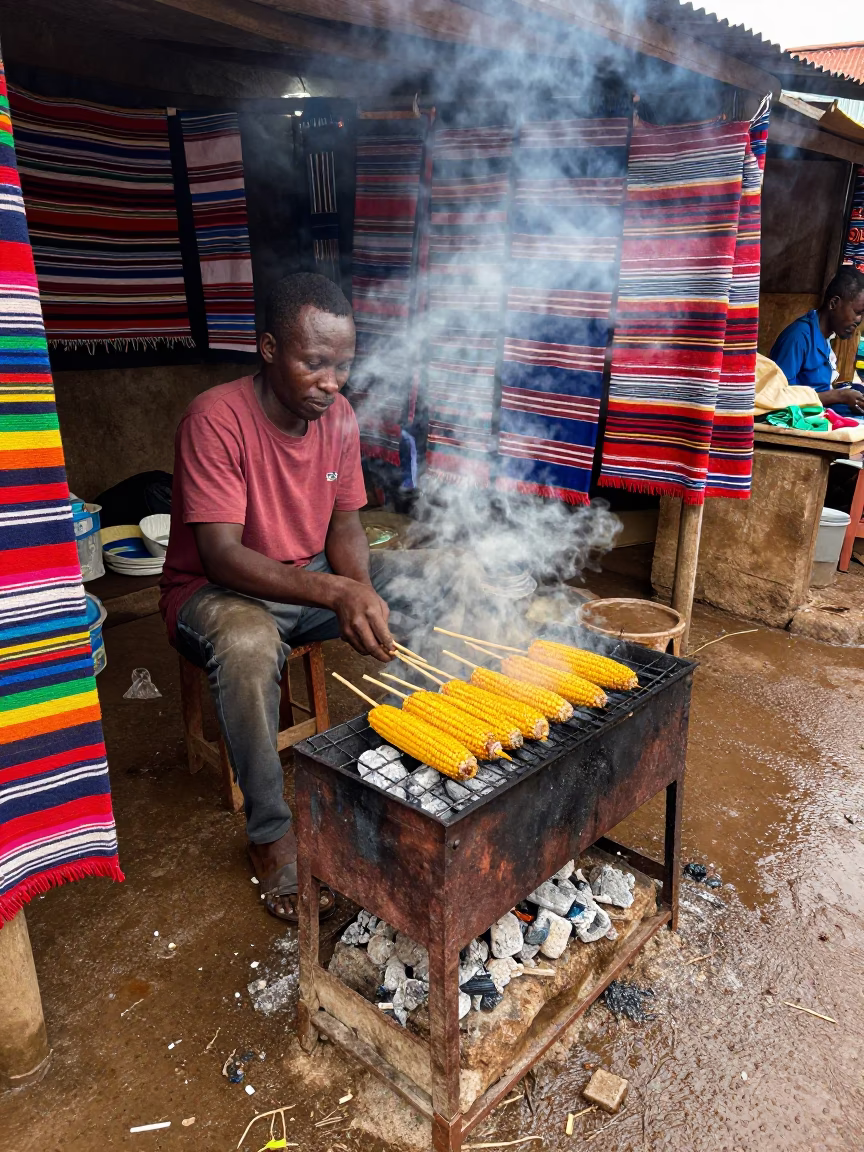 Kampala Corn Vendor Grilling at Market Stall in at a textile trader's stall in Kampala