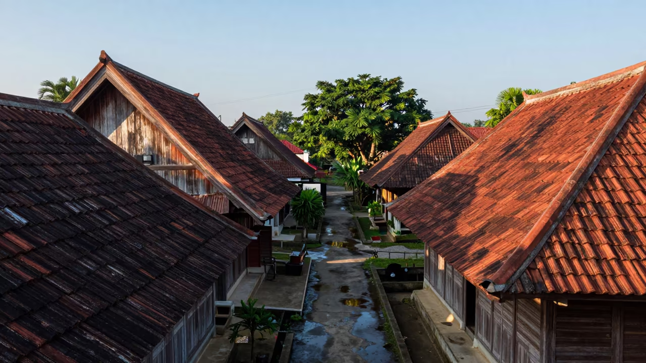 Kampung Village Aerial Dawn Shadow Passageway in inside a skylit passageway in Semarang