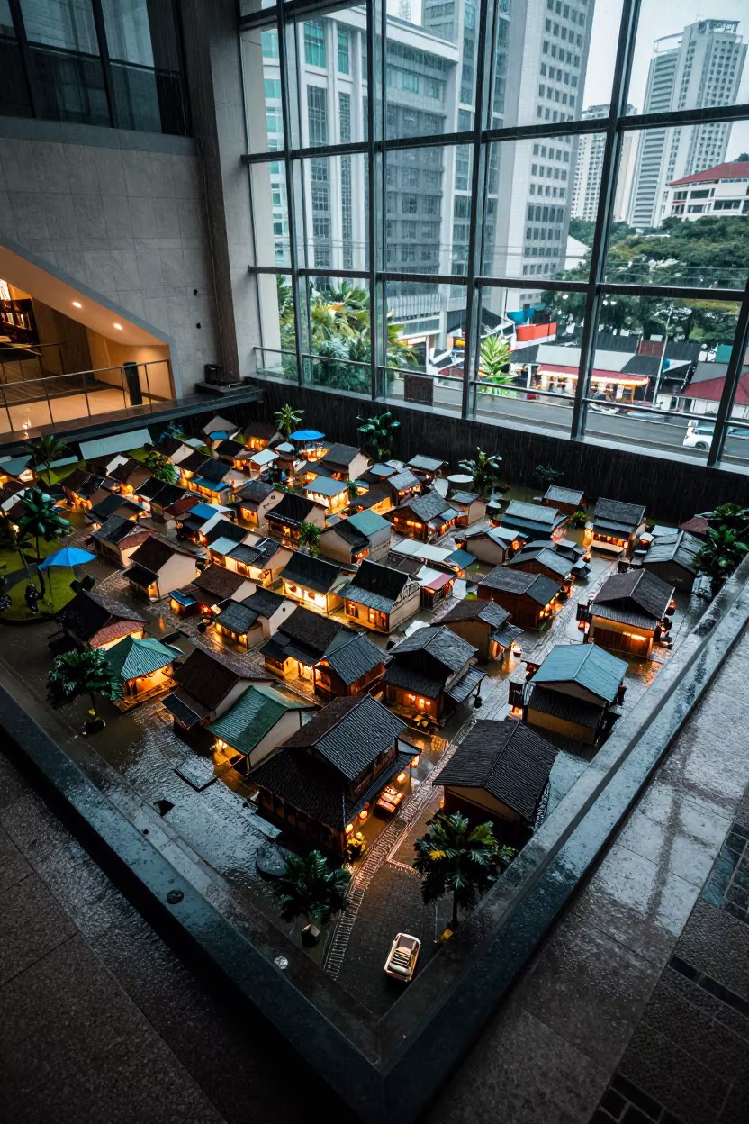 Kampung Village Aerial View from KLCC Stair Hall in inside a tiled stair hall in KLCC, Kuala Lumpur