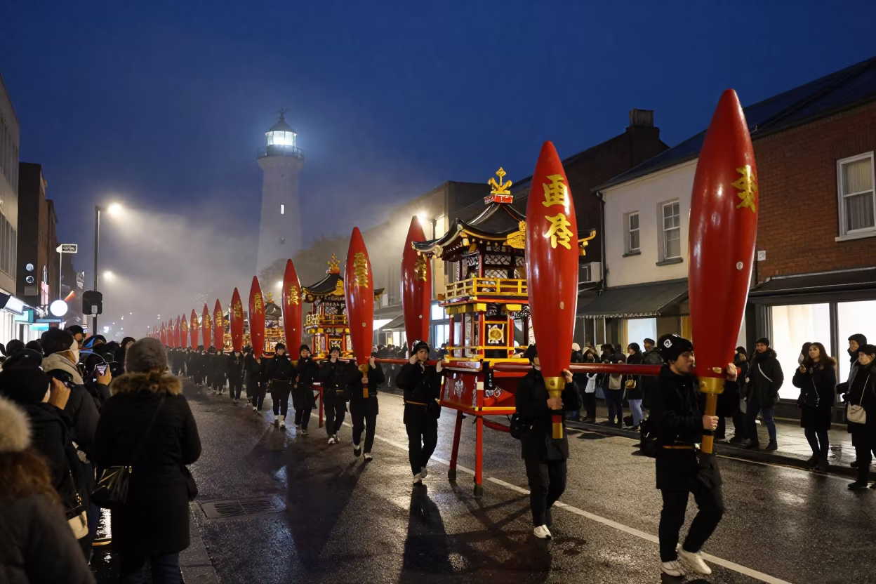 Kanamara Matsuri Parade Night Street Nottingham in at a festival street procession near Nottingham