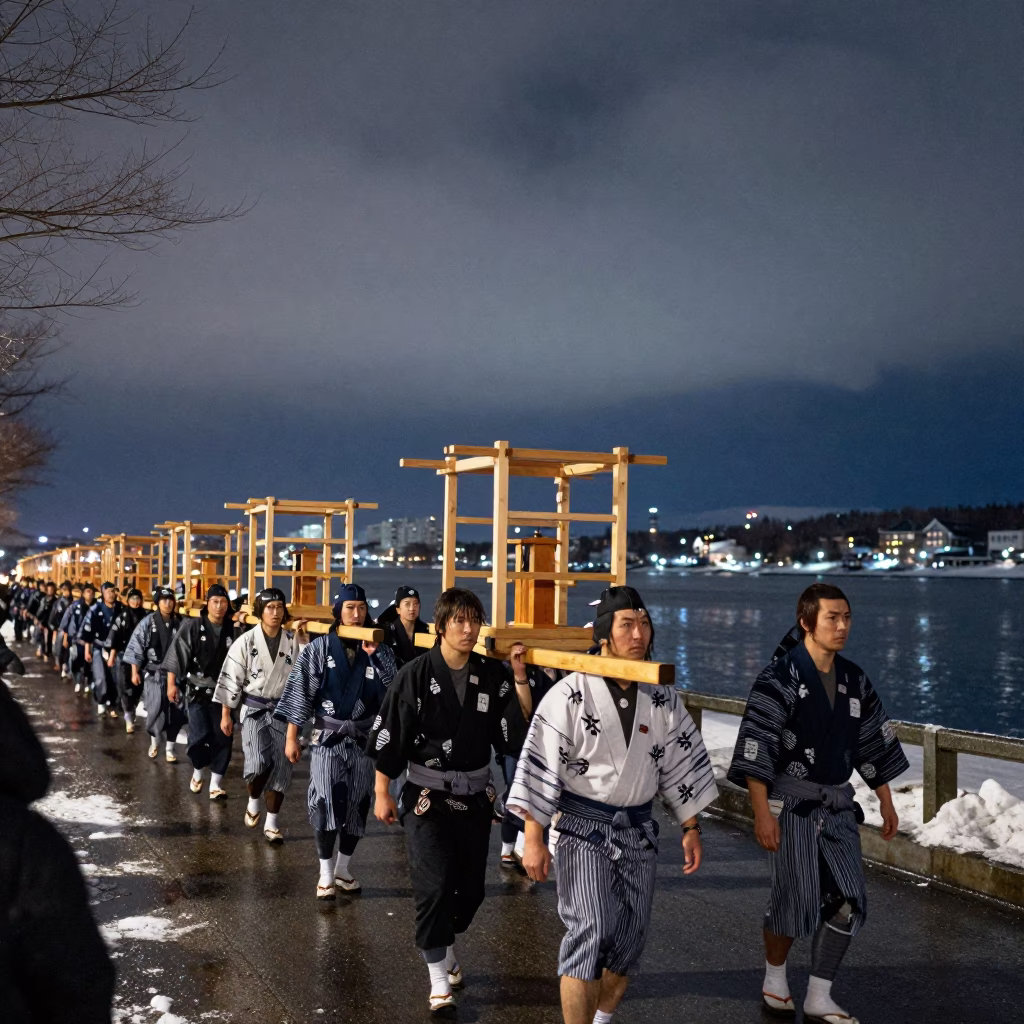 Kanamara Matsuri Parade Winter Night Waterfront in at a waterfront celebration near Abakan