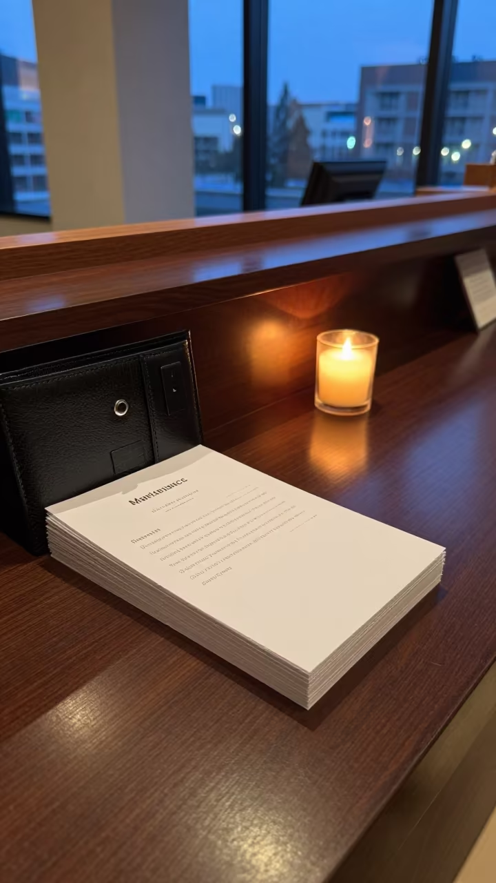 Kanazawa Hotel Lockout Wallet at Dawn in at a reception desk under warm light near Kanazawa